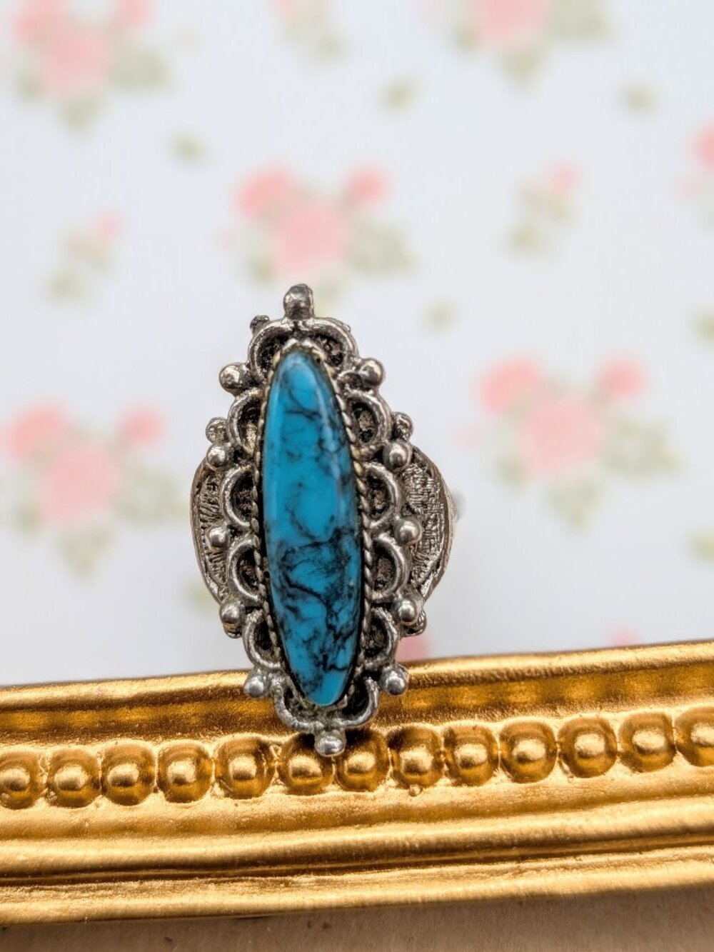 Vintage signed DACO silver tone Boho ring with Faux Turquoise inlay, adjustable